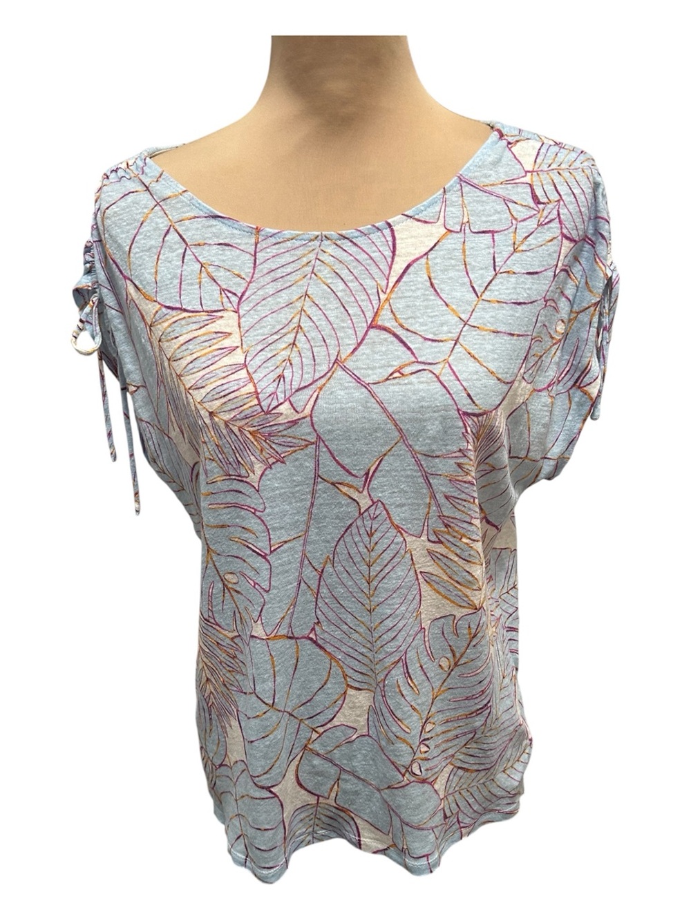 Cynthia Rowley 100% Linen Short Tie Sleeve Blue & White Tropical Print Top Large